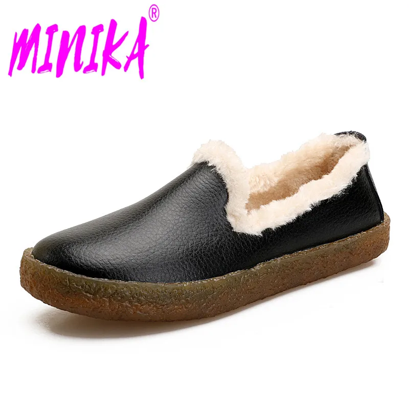 

MINIKA Casual Soft Genuine Leather Flat Shoes Woman Winter Warm Fur Plush Slip-on Cotton Shoe Fashion Lightweigh Non-slip Loafer
