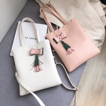 

Fashion Solid Leather Composite Bags Women Sweet Big Bucket Shoulder Bag Casual Tote Bag Clutch Purse Handbag Cross body Bag
