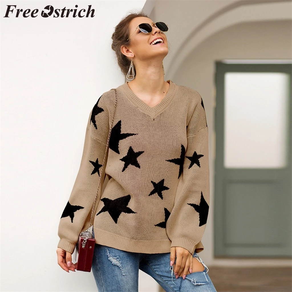 FREE OSTRICH Sweater Women Star Pattern European Style Hip Hop V-Neck Long Sleeve Leisure Fashion Autumn Knit | Женская одежда