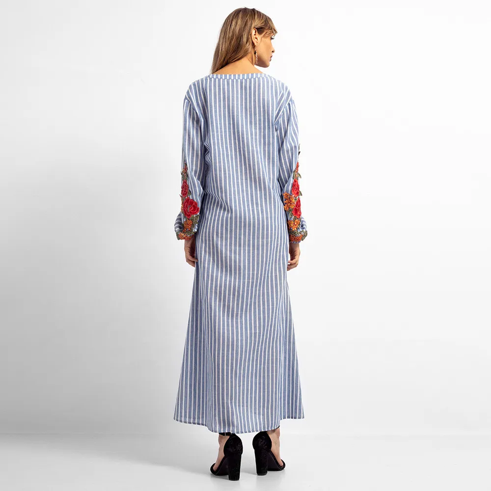 Embroidery Flower Dress Women Spring V-Neck Long Sleeve Casual Dresses Party Ladies Simple Striped Printed Maxi Long Dress #LH Embroidery Flower Dress Women Spring V-Neck Long Sleeve Casual Dresses Party Ladies Simple Striped Printed Maxi Long Dress #LH