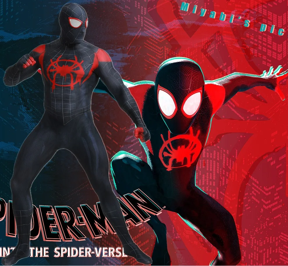 

Spider-Man Into the Spider-Verse Black Spiderman Cosplay Costume Superhero Costume SuperMan Zentai Suit Hood Separated