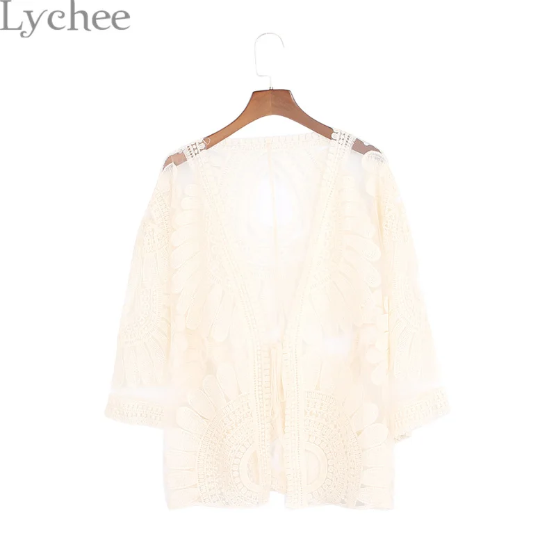 

Lychee Mori Girl Women Cardigan Flower Embroidery Lace See Through Sunscreen Sunproof Casual Loose Coat