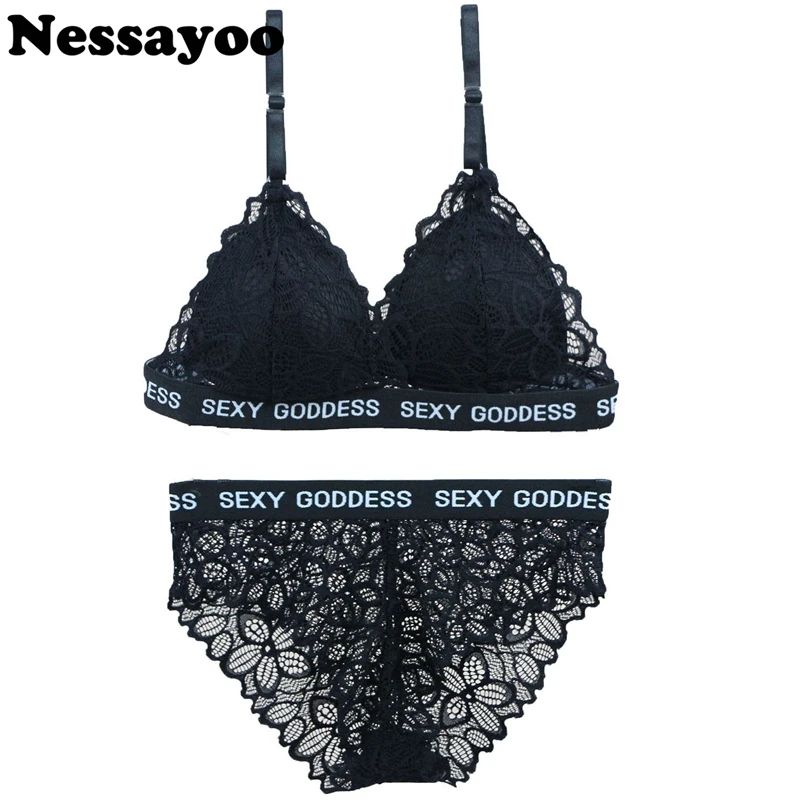 

Lace Bras & Sexy Brief Set 32 34B 36B Anti-skid Shoulder Strap With Elastic None Hook Underwear Sets Women Push Up Thin Lace Cup