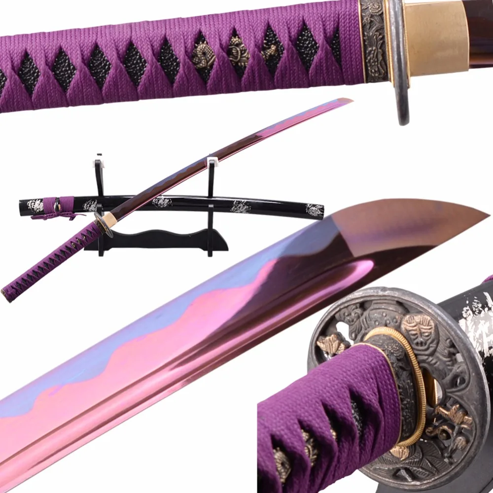 Purple Japanese Samurai Katana Sword Bo hi Sharp 1095 Carbon Steel