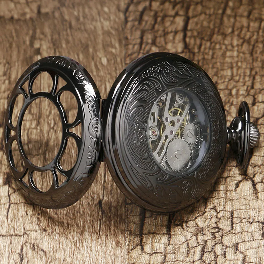 2018 New Arrival Black Mechanical Hand Wind Pocket Watch Unisex Hollow Blue Steampunk Rome Numbers Dial Pendent Necklace Gifts (11)