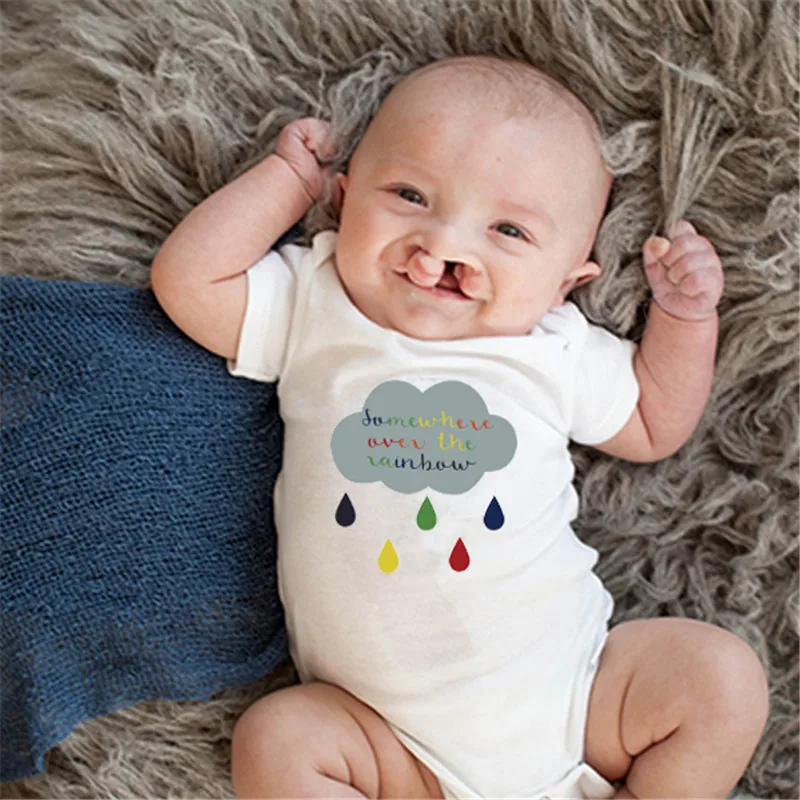 

0-24M Casual Newborn Baby Boy Girl Short Sleeve Letter Print Clouds And Raindrops Cotton Romper Outfits Summer Clothes