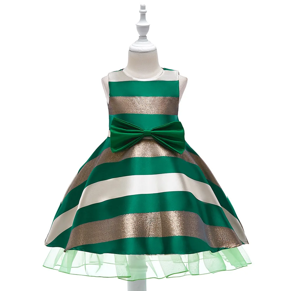 

Fashion Children Clothes Summer 3 4 5 6 7 8 9 10 Years Kids Flower Girl Dress Green and White Girls New Stripe Dresses
