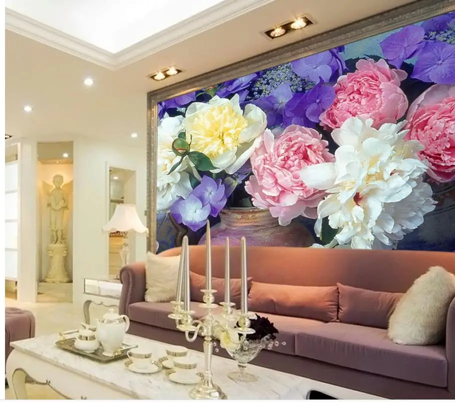 

Photo Wallpaper Living Room Wallpaper 3D Painting Original Beautiful Romantic Purple Peony Bouquet TV Background Wall
