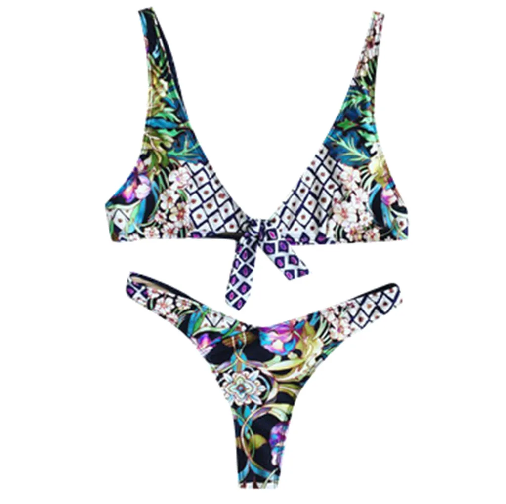 

2019 Fashion Women Sexy Green Floral Print Set Swimming Two Piece Swimsuits Swimwear Beach Suit L410A
