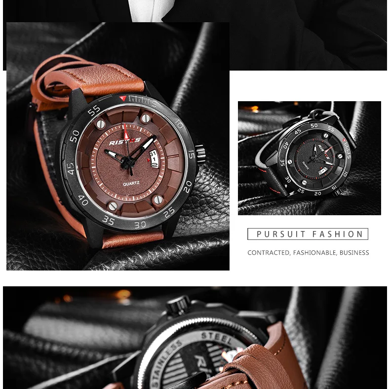 RISTOS часы из натуральной кожи, модные мужские наручные часы с календарем, спортивные кварцевые часы 9332