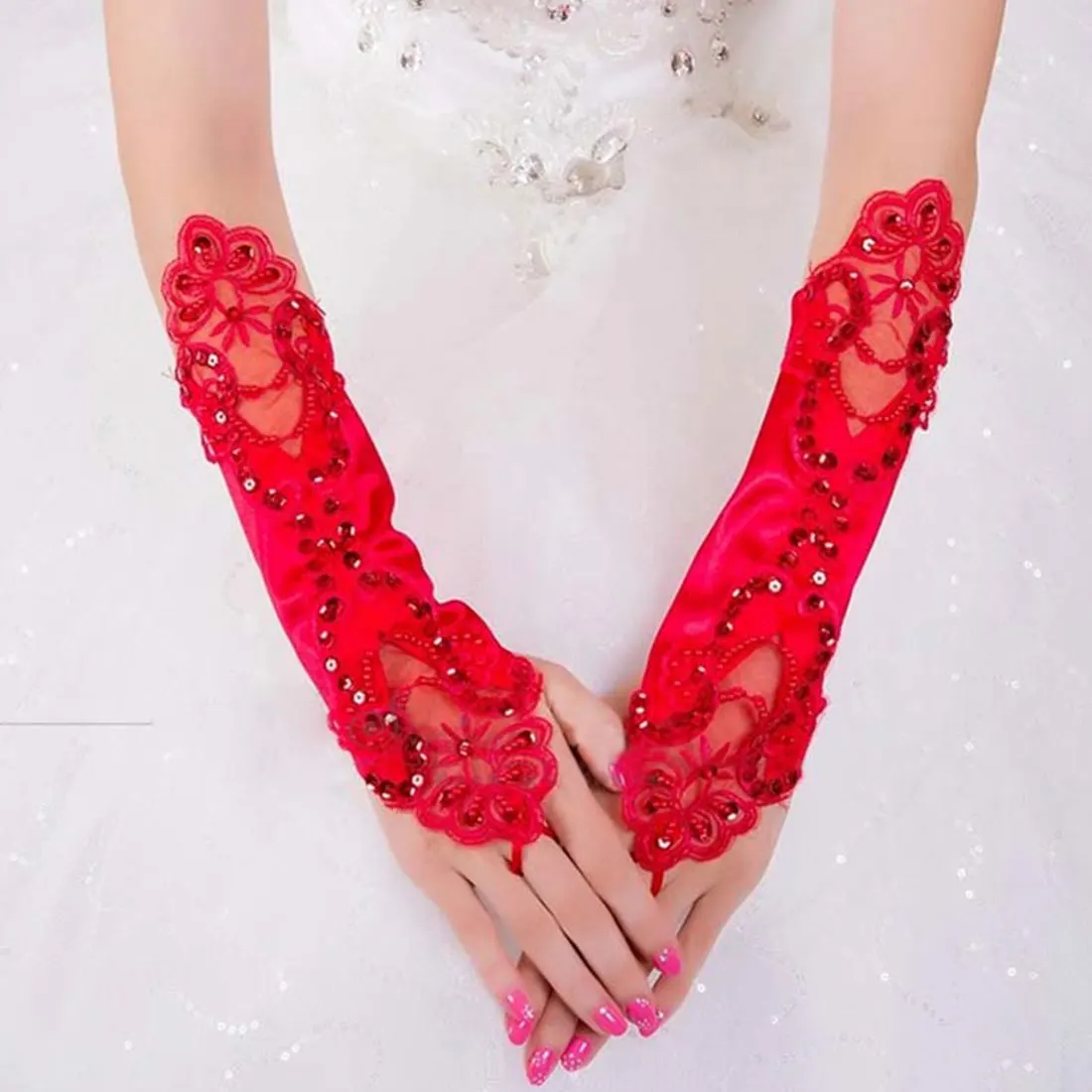 Invierno mujer 1 пара Женские свадебные длинные кружевные локоть перчатки кружевные перчатки без пальцев черные белые