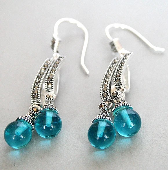 

VINTAGE 925 SILVER BLUE OPALS STONE MARCASITE DANGLE HOOK EARRINGS2 2/5