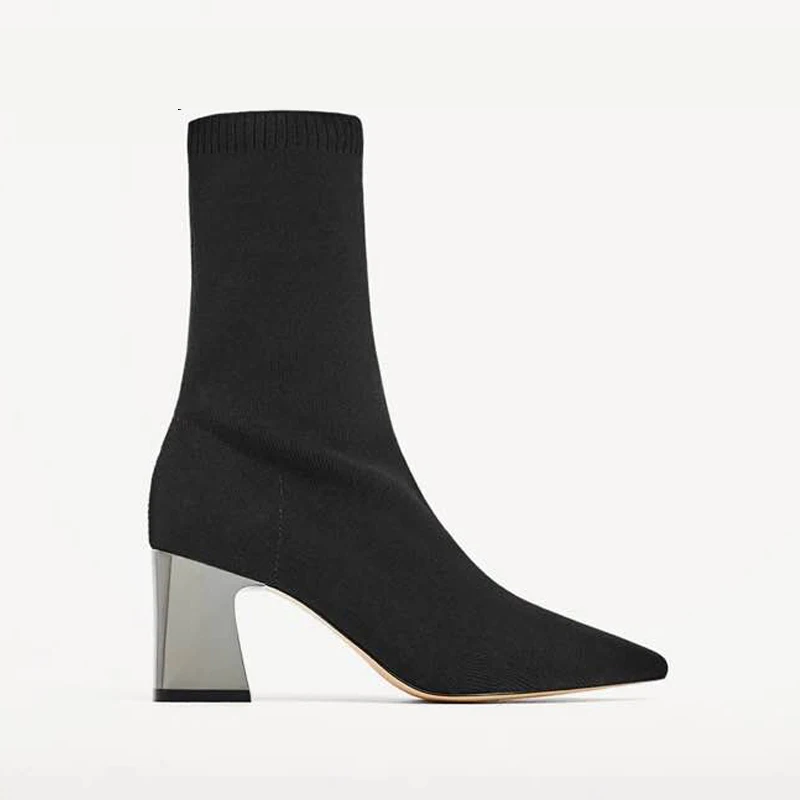 Женские ботинки; сезон осень-зима; облегающие ботинки с эластичным носком; женские ботильоны с острым носком на серебряном каблуке; женская обувь на квадратном каблуке - Цвет: Black Sock Boots