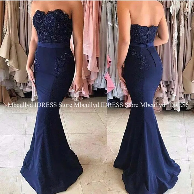 

Navy Blue Lace Appliques Mermaid Bridesmaid Dresses 2019 Long Vestido De Festa Maid Of Honor Dress Under 100 Wedding Guest Gown