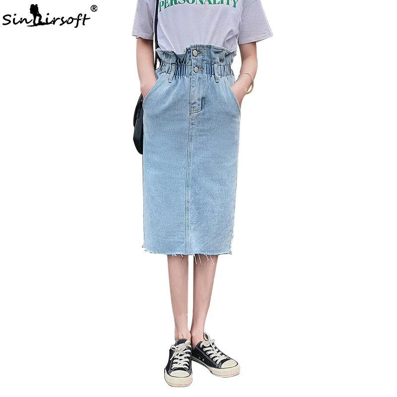 

Ruffles Empire Soild Denim Skirts Women Casual Mid-Calf Streetwear Shorts Straight Female High Waist Big Pockets Trousers