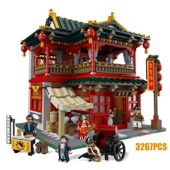 

City street view Chinatown Juxian Restaurant MOC building block Rickshaw Man fortuneteller figures bricks toys collection