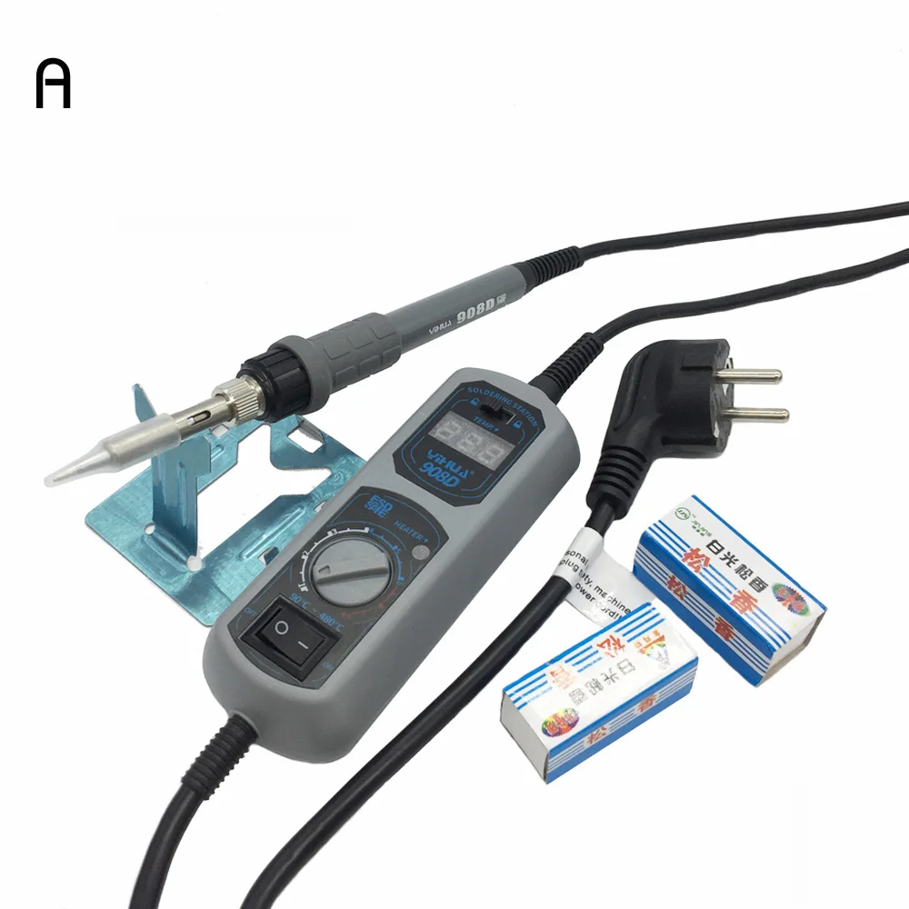 Оригинал 220 В/110 В YIHUA 908D паяльник с регулируемой температурой Электрический сварочный паяльник + 5 наконечников + подставка + Пинцет + губка