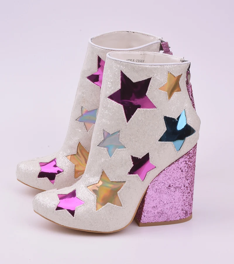 Sestito Woman Shinning Glitter Chunky High Heels Ankle Boots Ladies Cute Stars Patchwork Tassel Boots Girls Pointed Toe Shoes Sestito Woman Shinning Glitter Chunky High Heels Ankle Boots Ladies Cute Stars Patchwork Tassel Boots Girls Pointed Toe Shoes