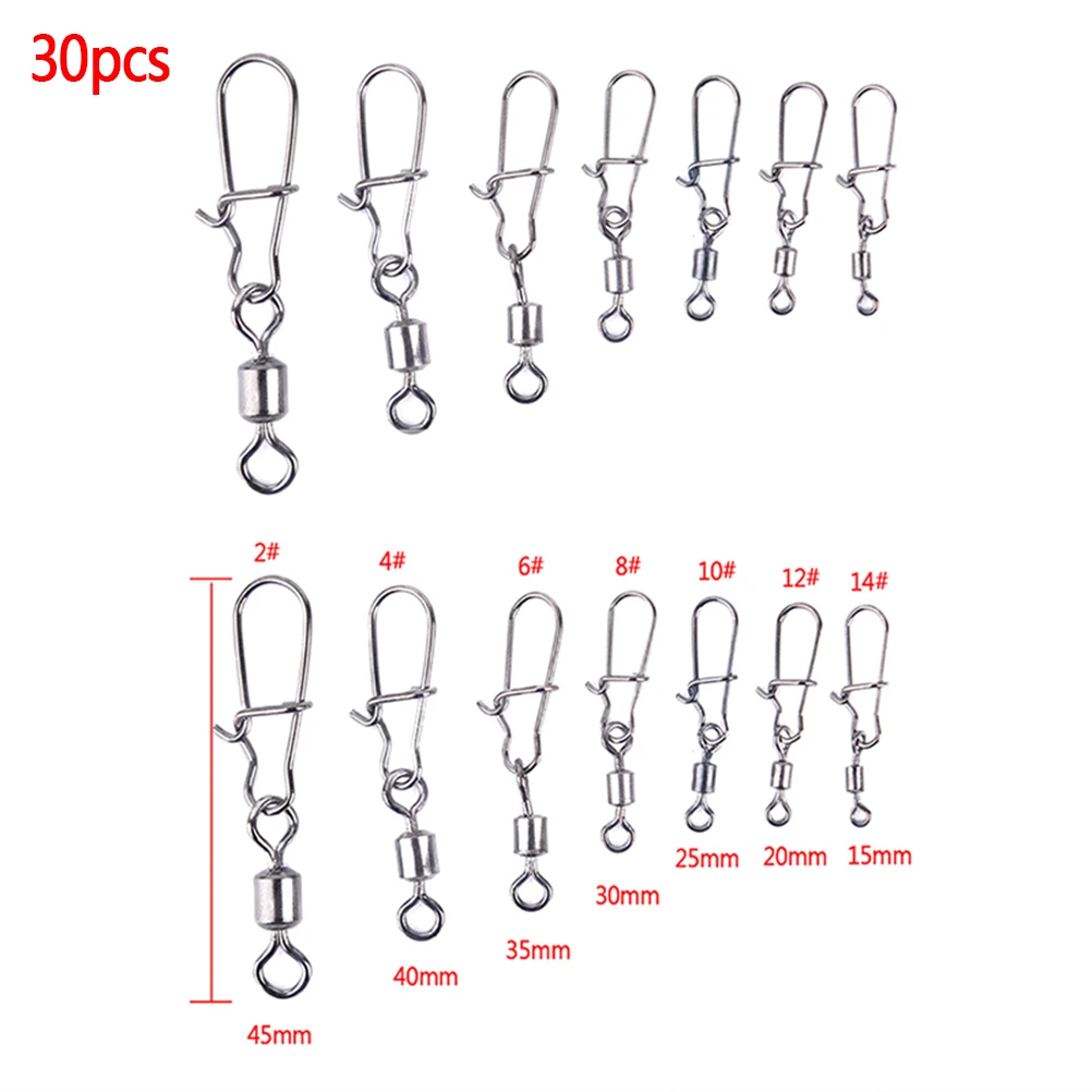 30 шт. из нержавеющей стали Рыболовный Соединитель с застежкой "булавка" подшипник качения поворотный оснастки булавки рыболовные снасти аксессуары 2#4#6#8#10#12#14
