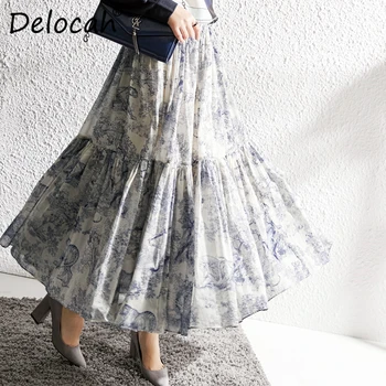 

Delocah Spring Summer Women Skirt Runway Fashion Designer Vintage Printed Elegant Slim Big Pendulum Long Ladys A-Line Skirts