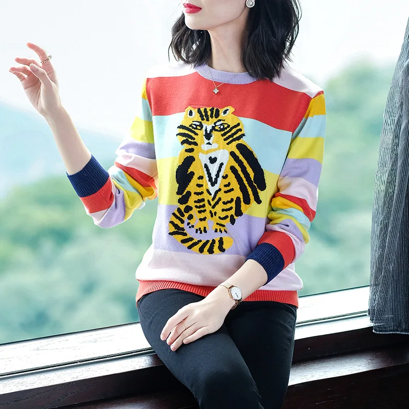 Striped elastic knit loose pullovers sweater 2018 new women autumn winter basic sweater