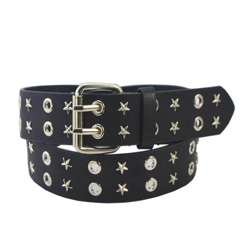 

High Quality Men's PU Leather Metal Ring Buckle Solid Elegant Punk Waistbands Double-breasted Punching Male Adjustable Belt