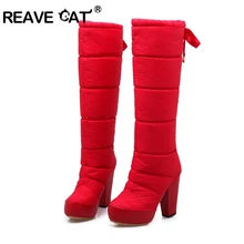 REAVE CAT/ на платформе однотонные пуховые сапоги женские зимние ботинки обувь на высоком каблуке круглый носок высокие сапоги до колена на шнуровке Riband A929