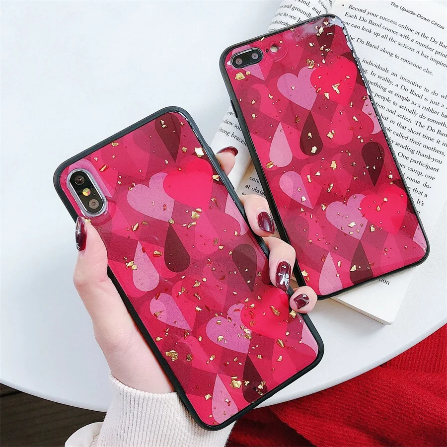 

Luxury Love Heart Phone Cases for iPhone X XR XS Max Gold Foil Pattern Soft Slim Phone Back Cover for iPhone 6 6s 7 8 Plus