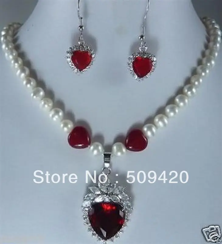 

Free Shipping Wholesale>>>White Cultured Pearl Necklace & red jade Pendant earring set #@