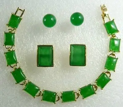 

Charming Green Jade pendant bracelet earring Cufflinks set>^^>18K gold plated watch Quartz stone CZ crystal