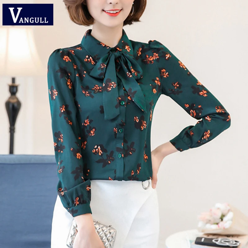 

Vangull Print Women Shirt Long Sleeve Bow Office Lady Chiffon Tops 2019 Autumn New Fashion Floral Print Loose Female Blouses