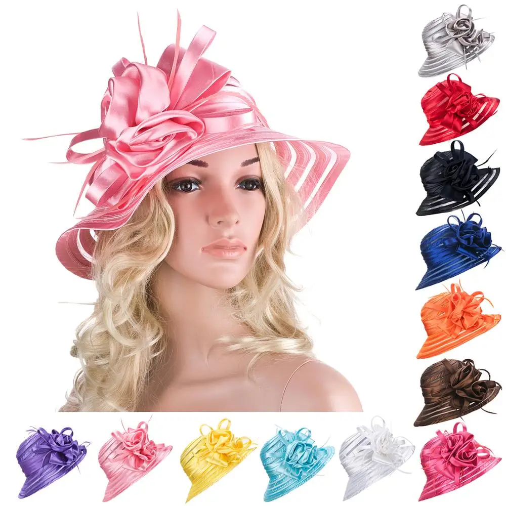 

Elegant Summer Hats for Womens Wide Brim Cap Ladies Beach Floppy Hats Female Church Hats Church Wedding Satin Ribbon Hats A214