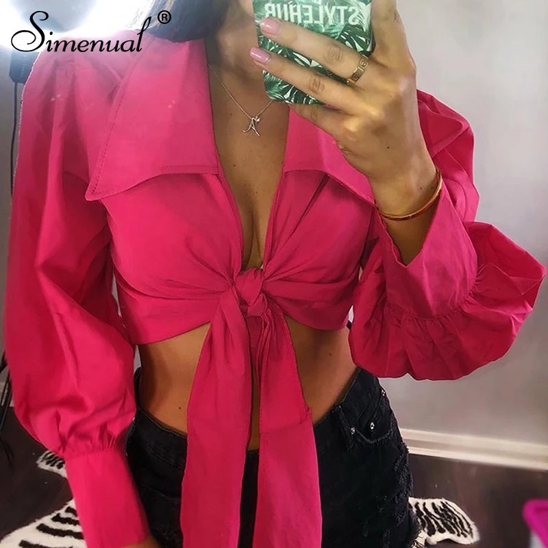 Simenual Fashion Bandage Pink Shirts Women Long Sleeve Cropped Blouses 2019 Autumn Deep V Neck Sexy Hot Blouse Shirt Ladies Slim