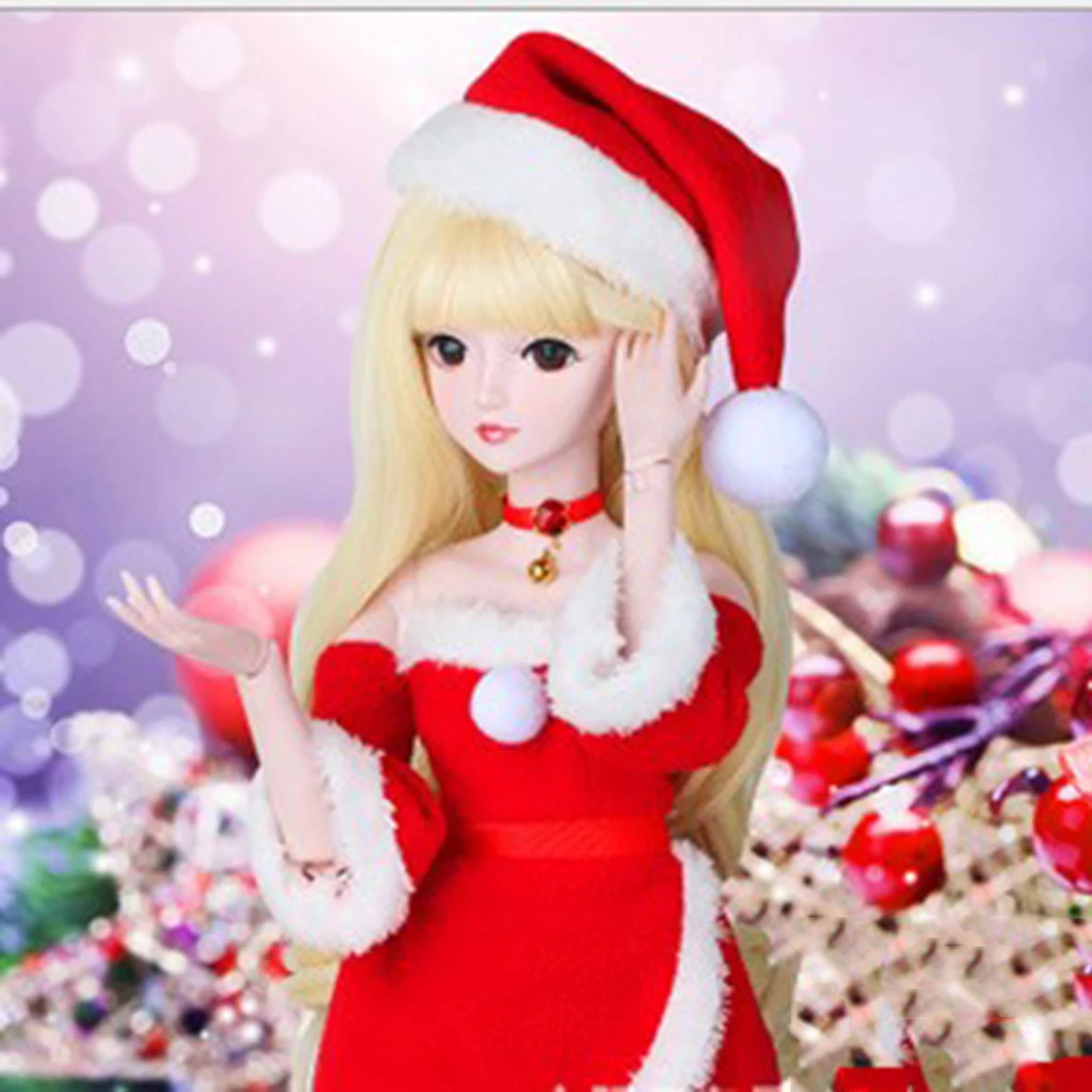 Handmade Plush Tube Top Dress, Hat and Necklace Suit for 1/3 BJD Doll Christmas Costume