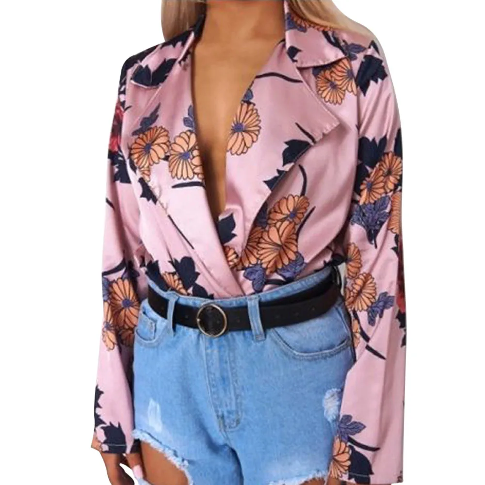 

Free Ostrich Women Ladies Floral Print Tuxedo Wrap Over Satin Bodysuit 2019 Women Sexy Bodysuits 2019 Floral Print Body D1235