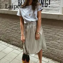 Laipelar Women Pleated Skirt New Fashion Metallic Luster Sequin Elastic Waist