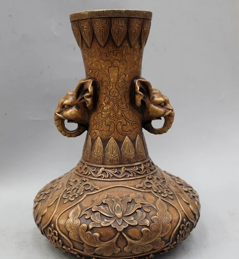 

wholesale factory 12" Marked China Chinese Dynasty Palace Bronze Elephant Handle Vase Bottle Pot