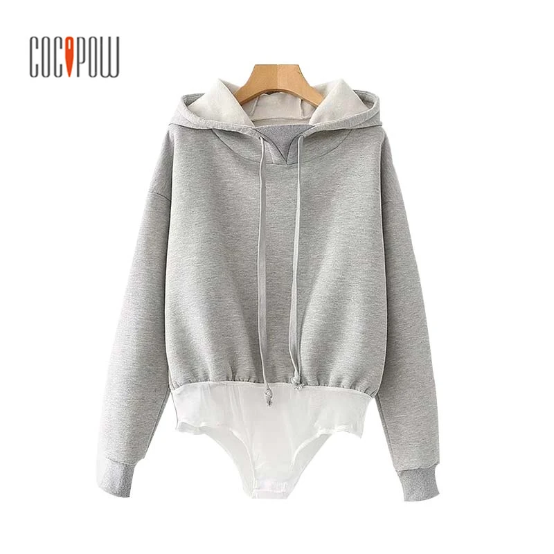 ZA Women Casual Hooded Sweatshirt Oversized Bodysuit Loose Long Sleeve