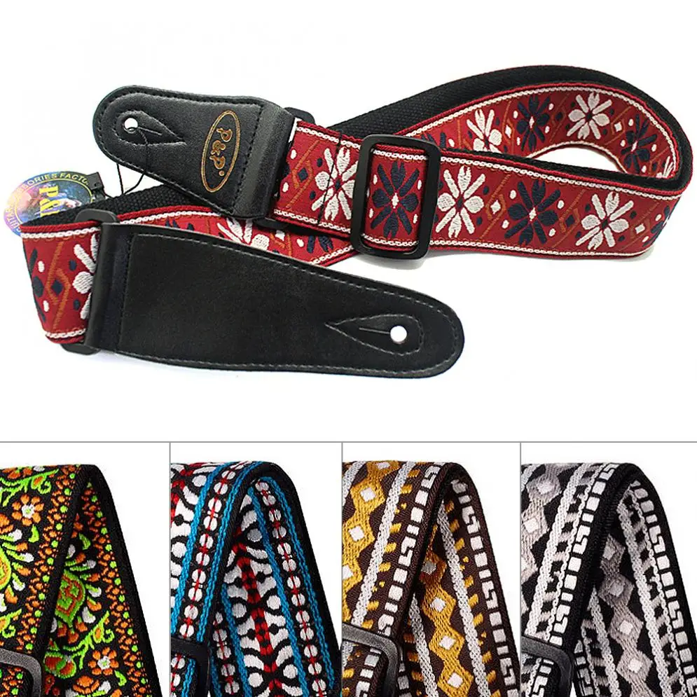 

5 Colors Optional Flowers Stripes Vintage Guitar Strap with Woven Embroidery Fabrics for Guitar Bass