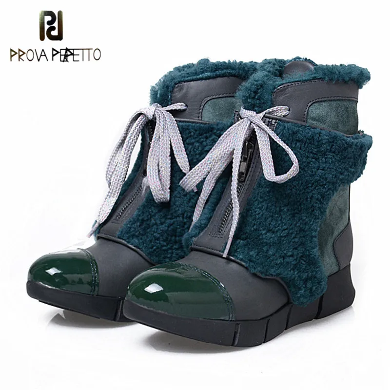 

Prova Perfetto Winter Fashion Patent Leather Round Toe Genuine Leather With Fur Patchwork Boots Warm Lace Up Zip Wedge Boots