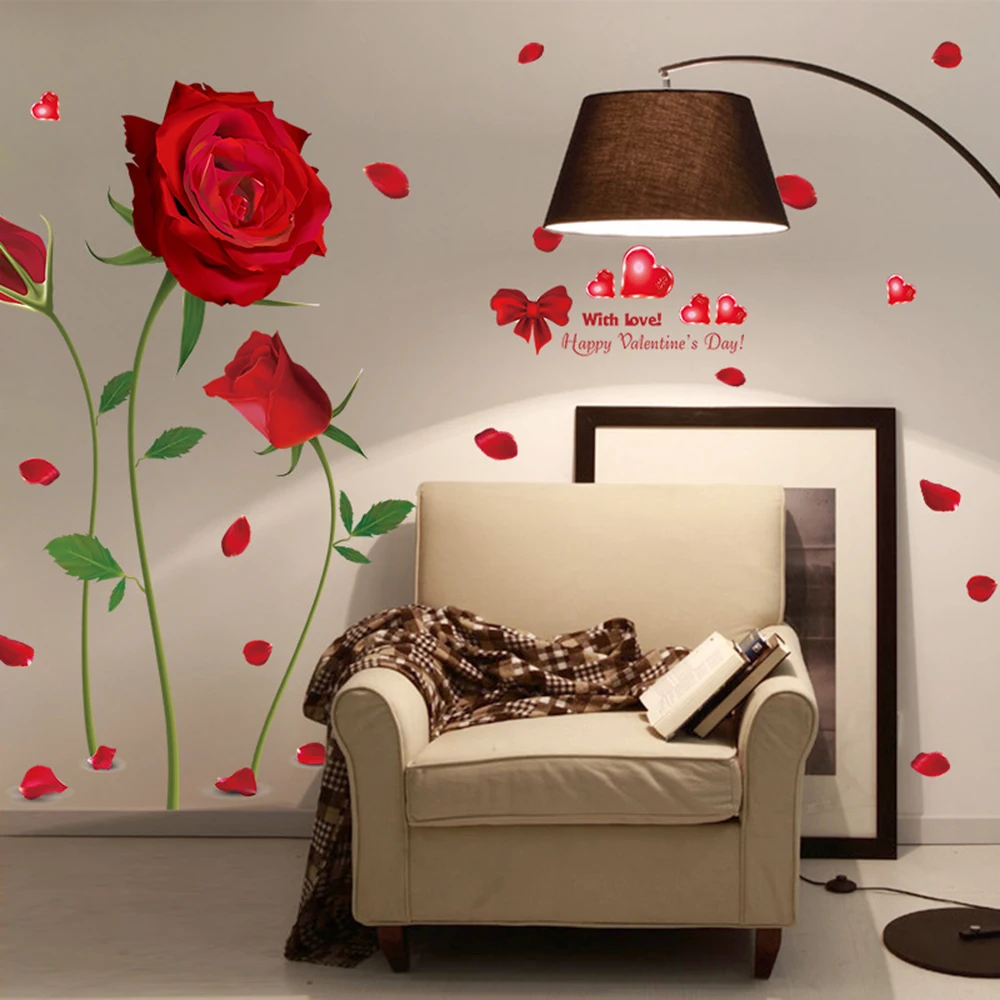 Romantic Red Roses Wall Stickers Creative 3D DIY Home Decal Art