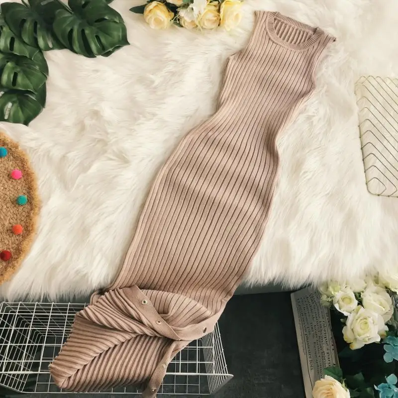 

2018 new fashion women's adult clothing autumn and winter knitting round neck sleeveless slim sexy mid-length dress
