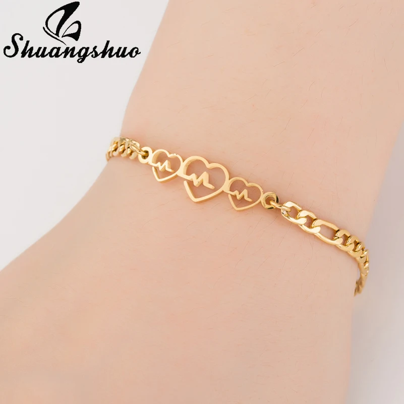 Shuangshuo Boho Heartbeat Stainless Steel Bracelets for Women Chain Link Bracelet Charms Couple Bracelet for Lovers Accessories