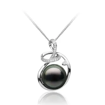 

Free Shipping 12.1mm Round Black Real Tahitian Cultured Pearl Diamond Pendant 18k White Gold