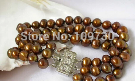 

00744 Nice 3strands 9mm coffee pearls bracelet bangle Natural >>free shipping