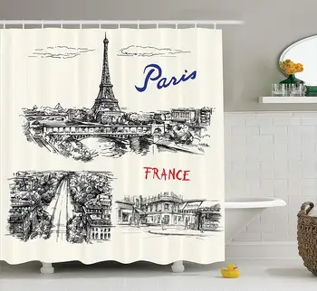 

Eiffels Tower Decor Shower Curtain Paris Sketches Silhouette Classic Landscape Traffic Monochrome Illustration Bathroom