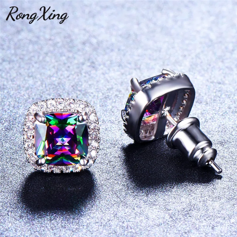 RongXing Mystic Rainbow Fire Birthstone квадратные серьги гвоздики для женщин серебристый цвет ААА
