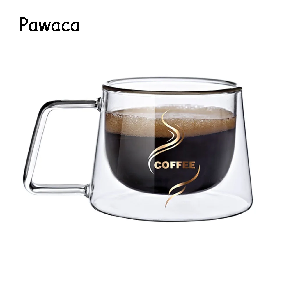 

Pawaca Double Wall Glass Coffee Cup with Handle American Style Cup High Borosilicate Heat-resistant Glass Creative Drinkware