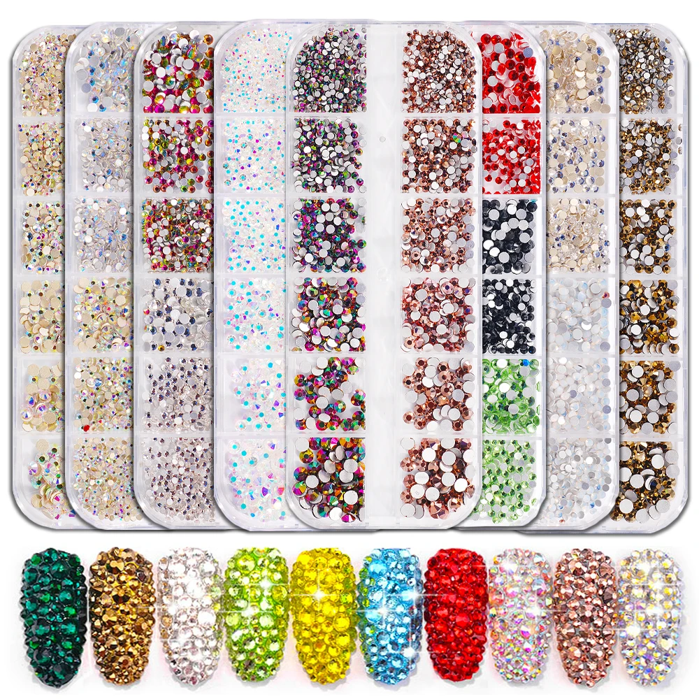 

1 Set Multi Size Glass Rhinestones Flat back Crystal Strass 3D Charm Gems Manicure Nail Art Decoration Set
