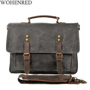 

WOHENRED Men Canvas Bag Leather Briefcase Travel Suitcase Messenger Shoulder Handbag Large Business Waterproof Laptop Bag 15.6"